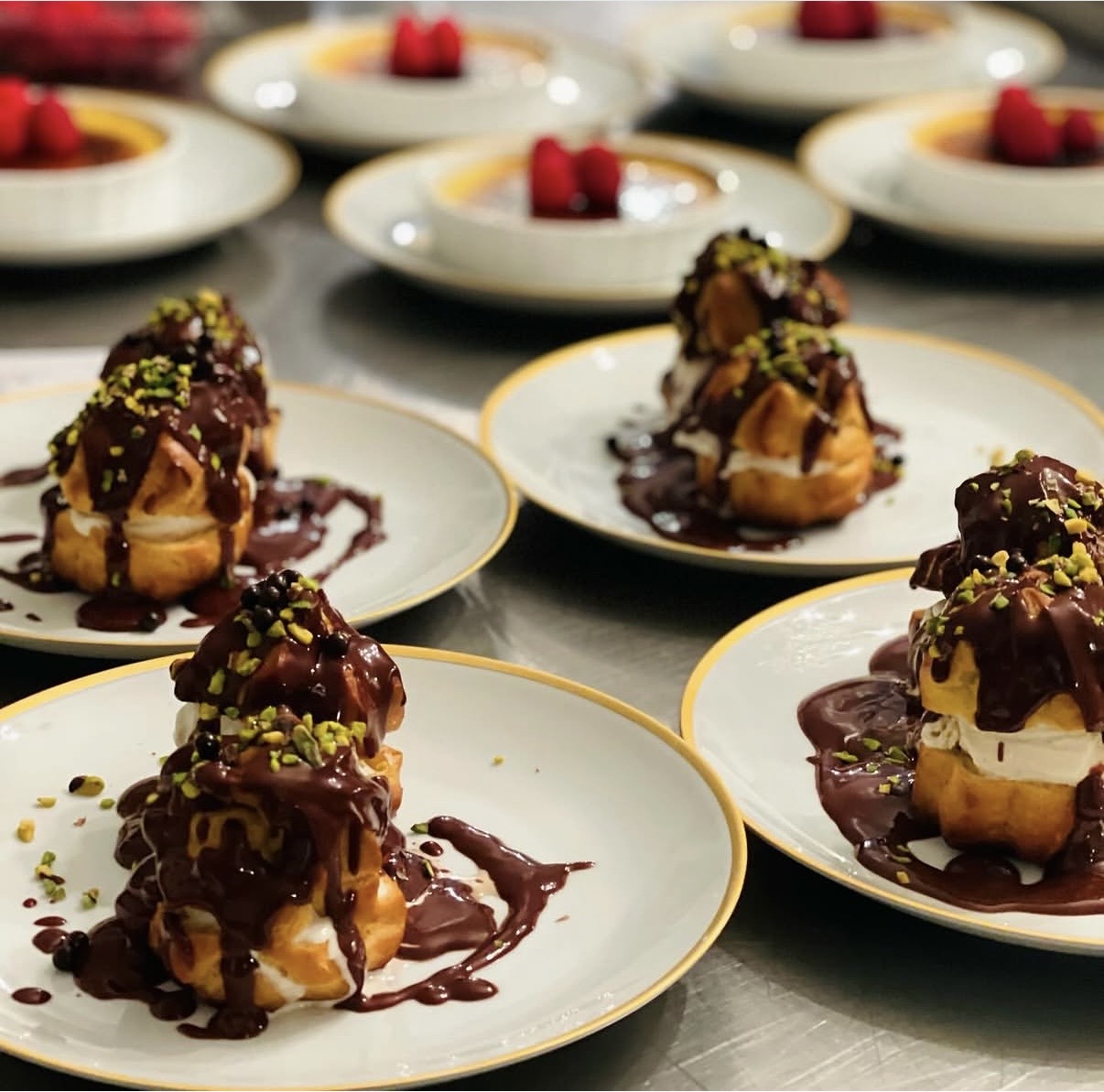 Chocolate-drizzled plated desserts