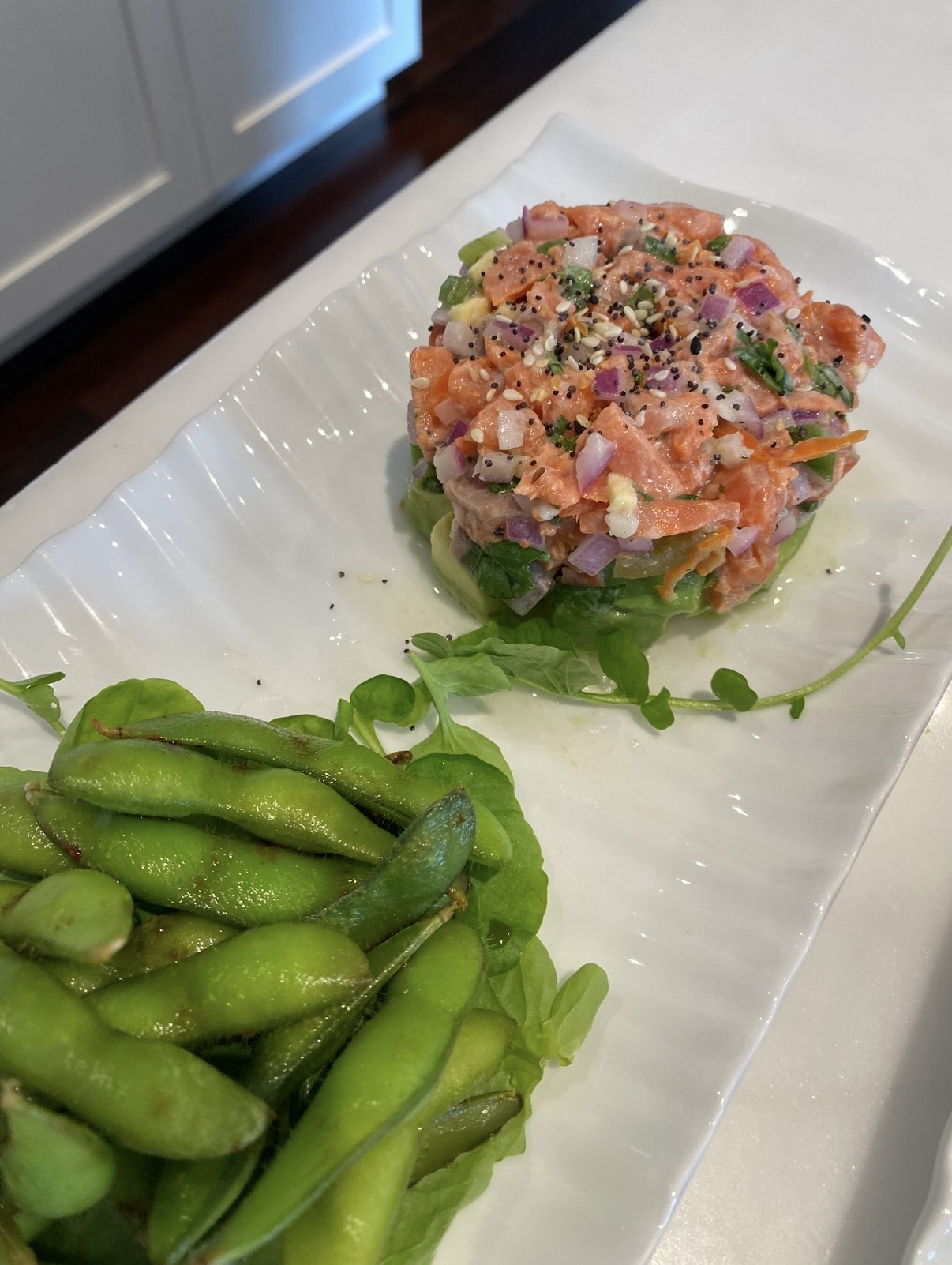Salmon tartare with seasoned edamame